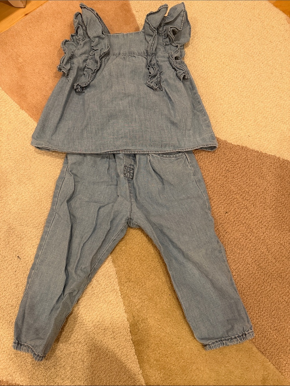 Zara Light Blue Denim Ruffle Shoulder Top and Pants Set